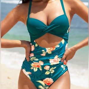 CUPSHE Women's One Piece Andi Teal Floral Crisscross Back Tie Swimsuit